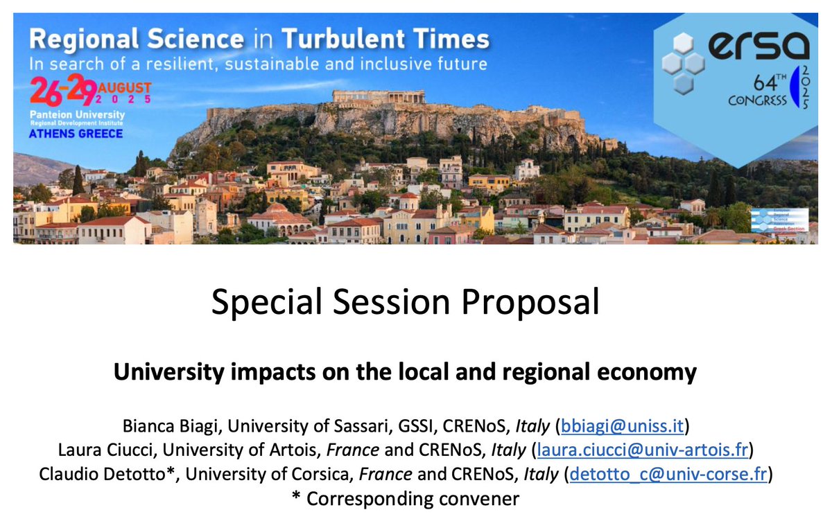 Claudio Detotto 🇪🇺 (@claudio_detotto) on Twitter photo 🚨CALL FOR ABSTRACTS🚨 #ERSA2024 S18 Special Session: "University impacts on the local and regional economy" with <a href="/biancabiagi/">Bianca Biagi</a> and <a href="/lciuccipoggi/">laura ciucci</a>
🇬🇷Venue: Athens
🗓️26-29 August 2025
👉Deadline for abstract submission: 25 February 2025
ersa.eventsair.com/ersa2025/ <a href="/umrlisa/">UMR LISA</a>
<a href="/ERSA_org/">ERSA</a> 🚨CALL FOR ABSTRACTS🚨 #ERSA2024 S18 Special Session: "University impacts on the local and regional economy" with <a href="/biancabiagi/">Bianca Biagi</a> and <a href="/lciuccipoggi/">laura ciucci</a>
🇬🇷Venue: Athens
🗓️26-29 August 2025
👉Deadline for abstract submission: 25 February 2025
ersa.eventsair.com/ersa2025/ <a href="/umrlisa/">UMR LISA</a>
<a href="/ERSA_org/">ERSA</a>