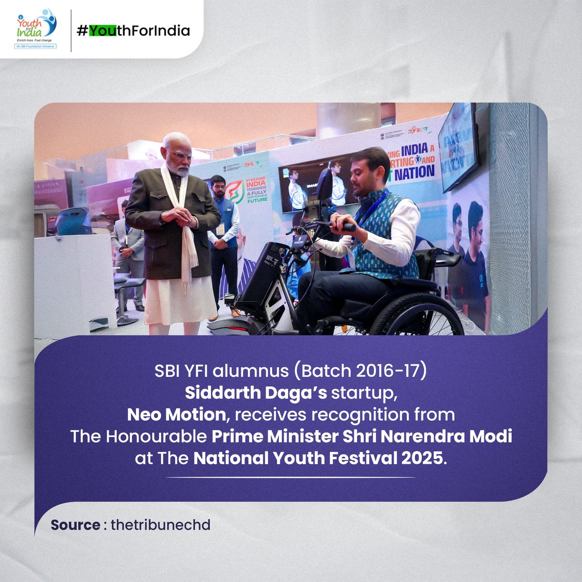 #AlumniSuccess | We are immensely proud to celebrate our alumnus, Mr. <a href="/dagsiddarth/">Siddarth Daga</a> (SBI YFI Batch 2016-17), whose impactful work at <a href="/neomotionlife/">NeoMotion</a> continues to break barriers and redefine possibilities for an inclusive India.

At the National Youth Festival 2025, Honourable PM