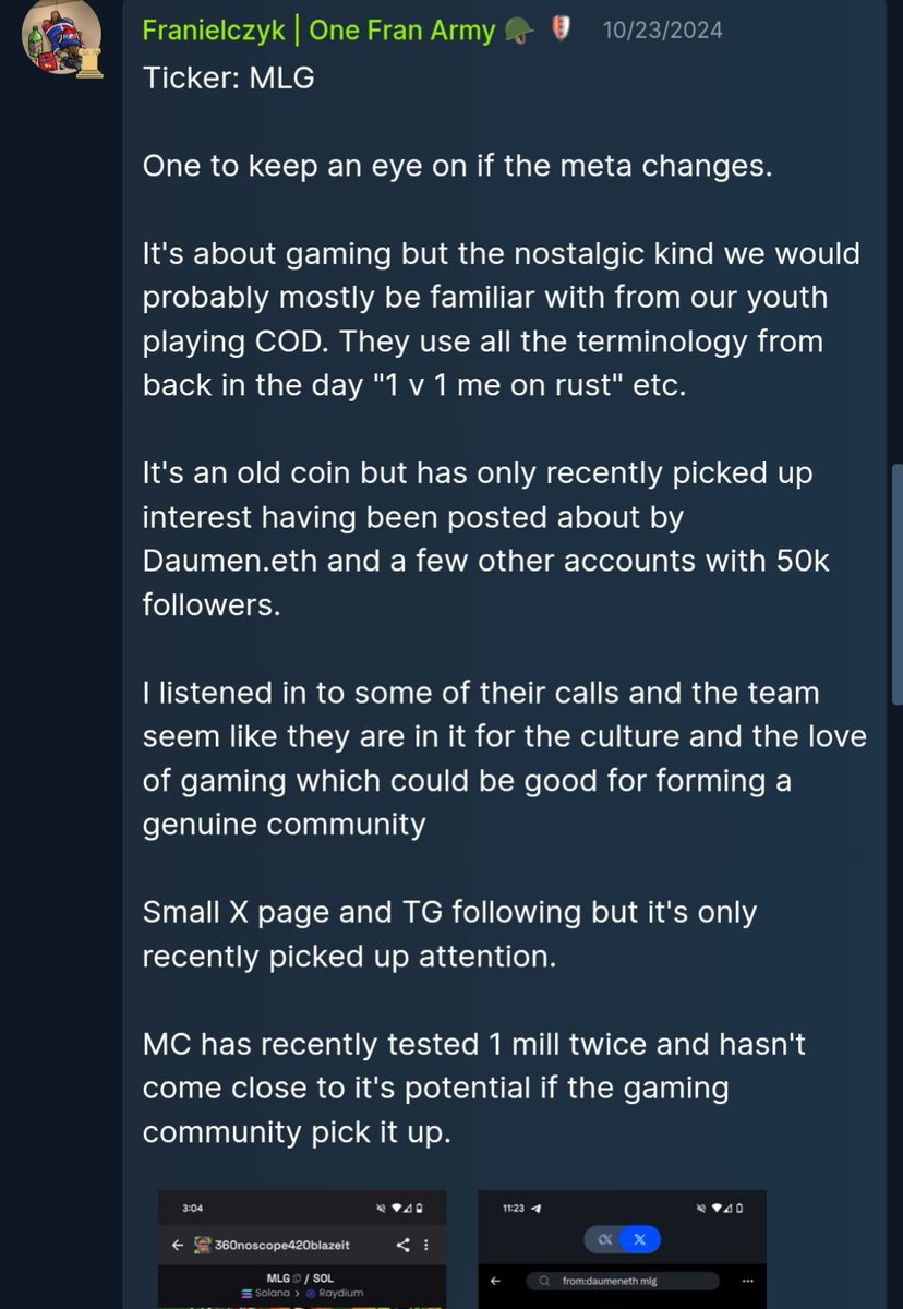 onefranarmy's tweet image. Don't fade small accounts
205x call on MLG (800k to 164m)
100x call on Y2K (400k to 40m)
Follow for more analysis and future alpha 👍