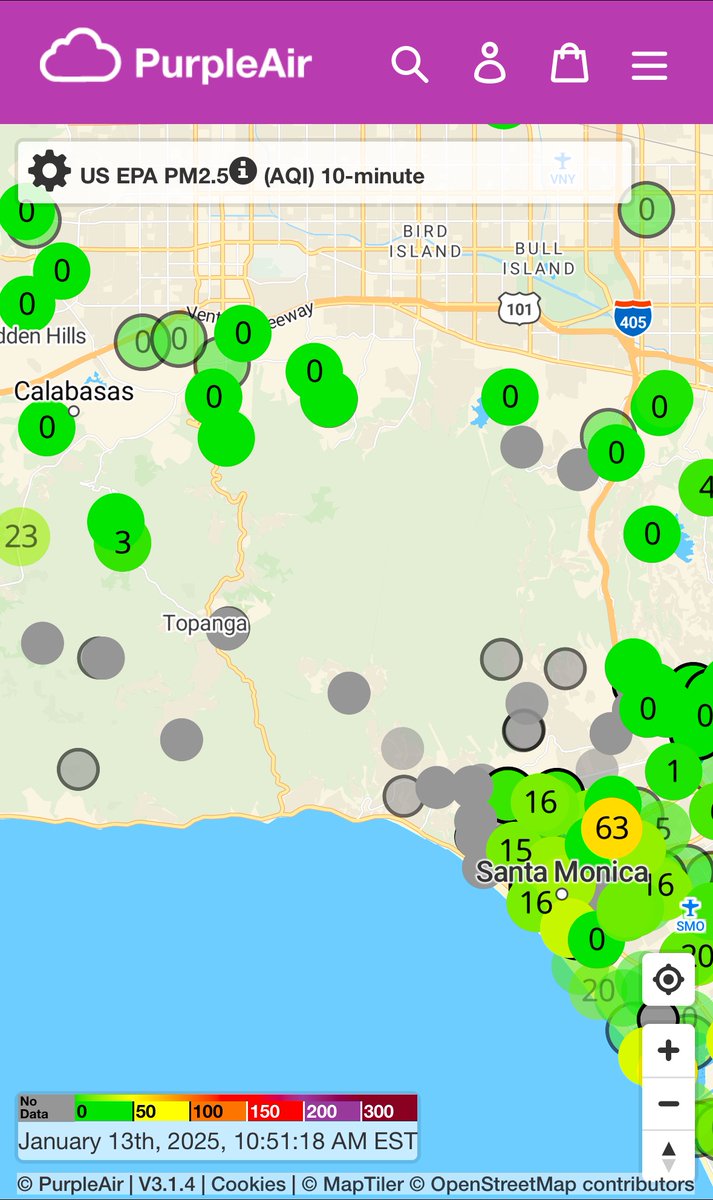 Chris Hoover (@pres_hoover_ii) on Twitter photo Normally I log on to <a href="/ThePurpleAir/">PurpleAir - Air Quality Monitors</a> dreading purples and browns that indicate unhealthy air from wildfire smoke or other sources.
Today, the gray bubbles around LA from monitors in homes that are likely destroyed are even more gut wrenching #lafires #AltadenaFire #PalisadesFire Normally I log on to <a href="/ThePurpleAir/">PurpleAir - Air Quality Monitors</a> dreading purples and browns that indicate unhealthy air from wildfire smoke or other sources.
Today, the gray bubbles around LA from monitors in homes that are likely destroyed are even more gut wrenching #lafires #AltadenaFire #PalisadesFire