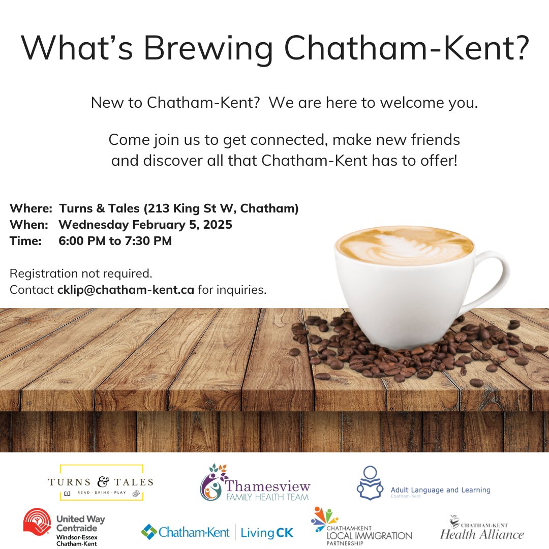 New to Chatham-Kent? Look no further! 

Come join us to get connected, make new friends and discover all that Chatham-Kent has to offer!

📌Turns and Tales (213 King St W, Chatham)
🗓️Wednesday February 5, 2025
🕒6:00 to 7:30 pm