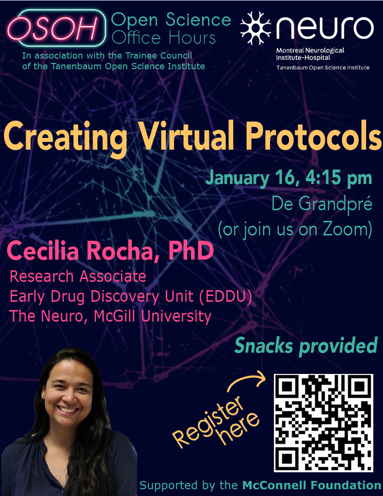 🥳This week on OSOH
🗓️Tomorrow at 3 pm: Drop-in hours <a href="/TheNeuro_MNI/">The Neuro</a> or online. DM us for details. 
🗓️Thu at 4:15 pm: Hybrid workshop <a href="/TheNeuro_MNI/">The Neuro</a> or online.
🧑‍🏫Learn how to create your own virtual protocols with Cecilia Rocha!
👀You can also book a one-on-one with her. 
Details👇