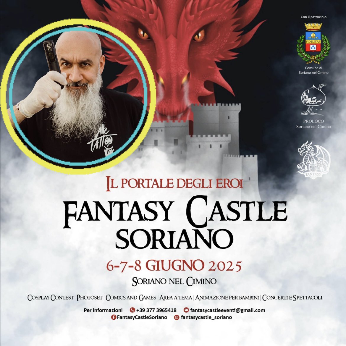 AlleTattoo's tweet photo. @alletattoo sarà al @fantasycastle_soriano il 6-7-8 #giugno a #soriano #vicino #viterbo #lazio ci sarà #cosplay #comix #nert #tattoo #tatuaggi #ink #risate #alletattoo #draghi #arte #mediovale e #tanto #altro vi aspettiamo 👍🏻#fantasycastle https://t.co/9OZIYr7qz3