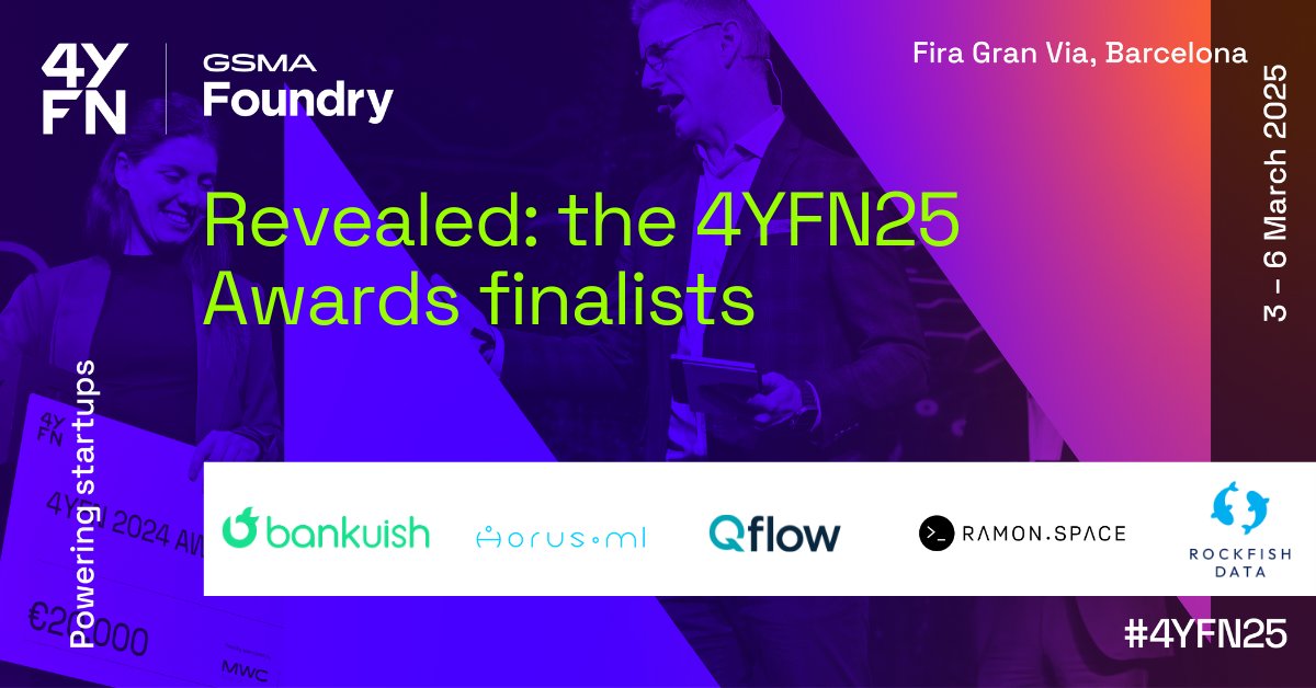 Congratulations to our #4YFNAwards finalists! 🏆

We are very excited to announce <a href="/Bankuish_/">Bankuish</a>, @Horus_ml, @qualisflow, @ramonspace_ &amp; <a href="/rockfishdata/">Rockfish Data</a> have made it to the final! 

The winner will be announced at #4YFN25 in Barcelona 🤝

Find out more 👉 gsma.at/jS