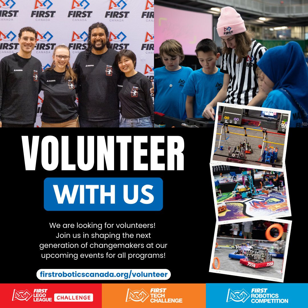 CANFIRST's tweet photo. Join the fun! Volunteer at a FIRST LEGO League, FIRST Tech Challenge or FIRST Robotics Competition event and inspire young innovators. Sign up: https://t.co/sthsTOSYXQ 🚀 #FIRSTCanada #Volunteer https://t.co/IpXoA1Ci6N