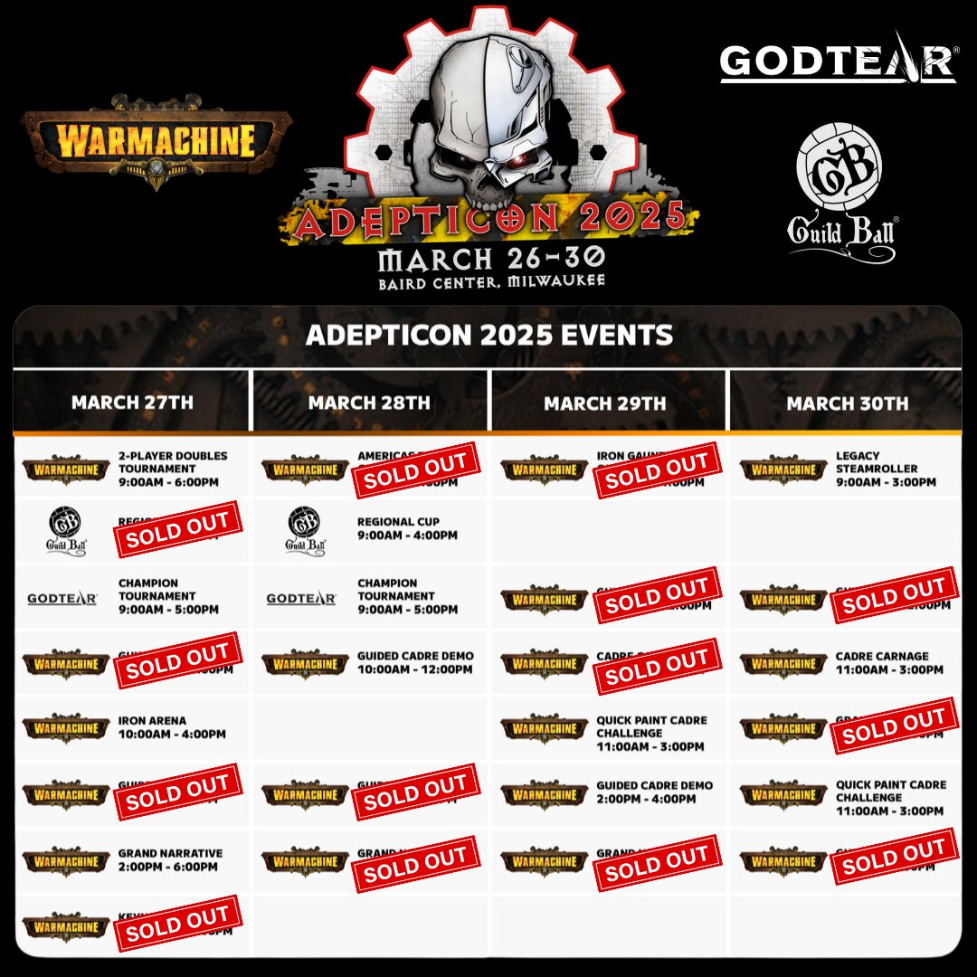 Wow.
Safe to say we’re blown away by the response to our AdeptiCon 2025 events! In less than 24 hours over half have sold out, with VERY limited capacity remaining on others (Guild Ball and Godtear fans, get in quick!) ⌛

Register now: bit.ly/4aePQ7n