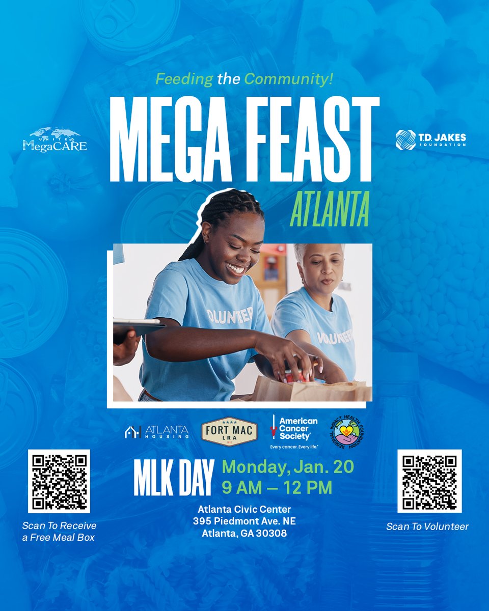 TPHDallas's tweet photo. UMC is coming to serve the Atlanta, GA community this MLK weekend!
Volunteer to help feed families in need ➡️ https://t.co/wI53Gi08xP. Or sign up to receive a free meal box here ➡️ https://t.co/WsmTw2c9Vz.
#UnitedMegaCare #MegaFeast https://t.co/TK1bWoRS8y