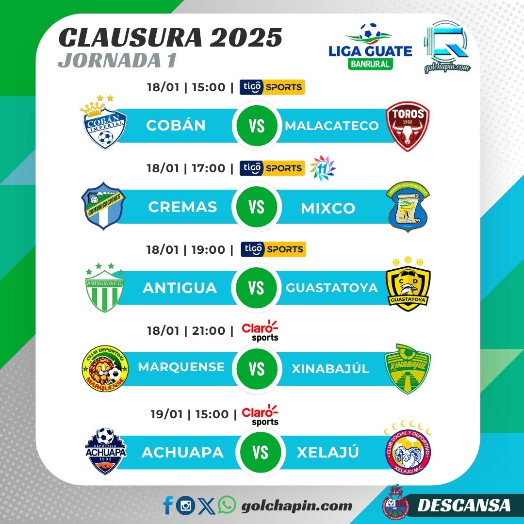 ⚽🔥 ¡El Clausura 2025 está aquí! 🔥⚽

🏟️ Este 18 y 19 de enero vuelve la emoción del fútbol chapín con la Jornada 1 de la Liga Guate Banrural. 💪🇬🇹

¿A qué equipo apoyás? 

¡El fútbol nacional se vive con pasión! 🔥⚽

#LigaGuate #Clausura2025 #FutbolChapin #PasiónPorElFútbol