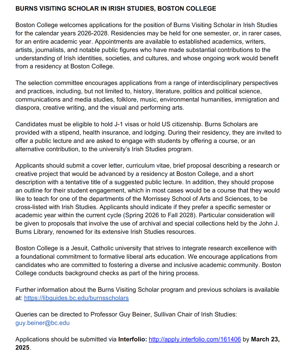 We're now accepting Burns Visiting Scholar applications for a semester or academic year in 2026-2028! 

Appointments available to established academics, writers, artists, journalists &amp; notable public figures

Application info is on our website: bc.edu/content/bc-web…