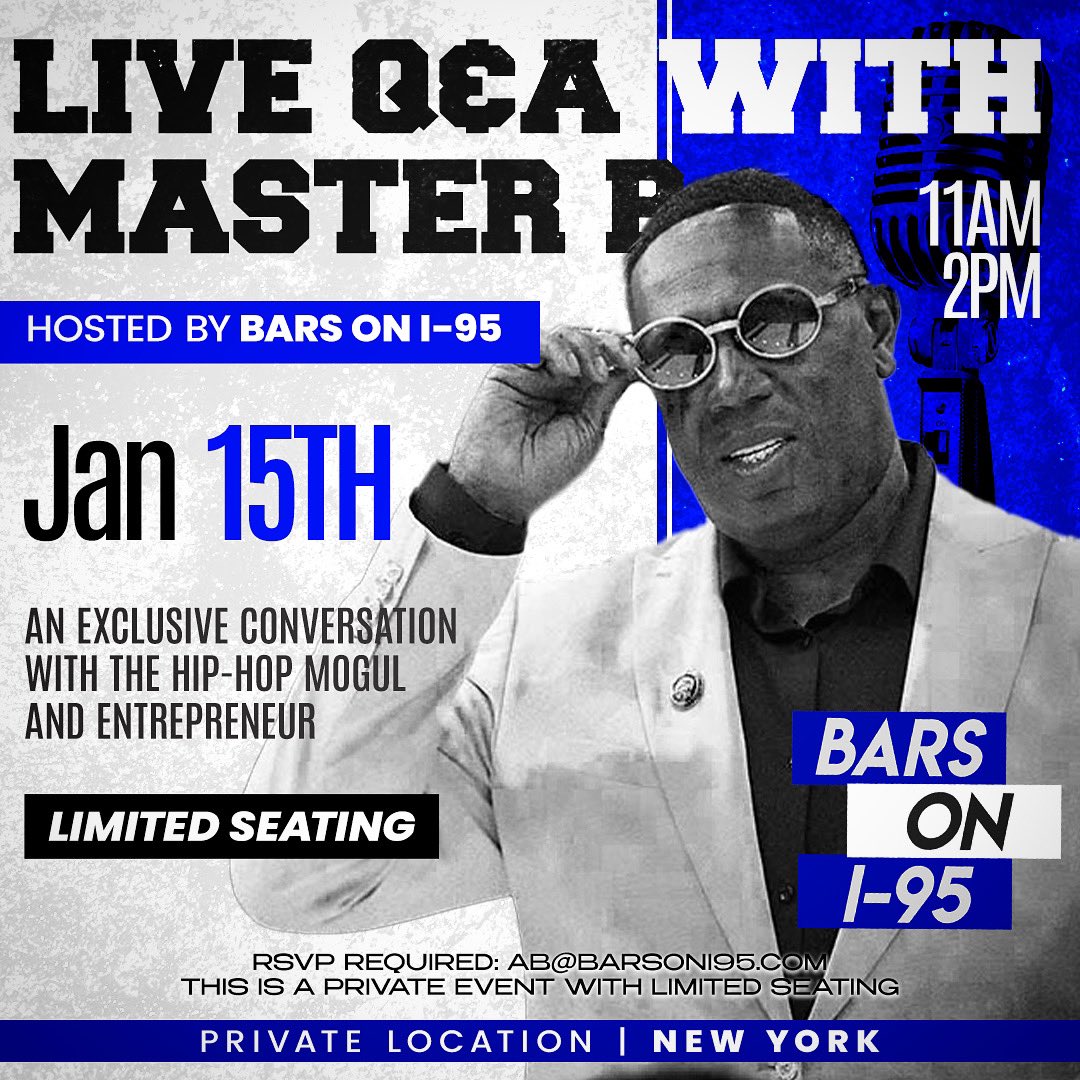 Join us this Wednesday for a very special conversation with the HipHop mogul Master P. Limited seating make sure you RSVP. 

RSVP:
barsxmasterp.splashthat.com