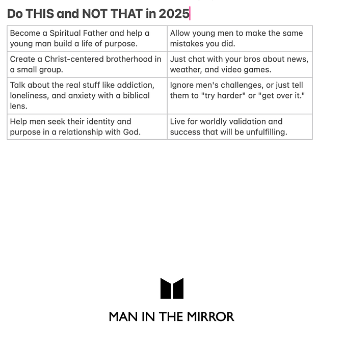 maninthemirror's tweet photo. Do THIS (courage, service, sacrifice, authenticity, truth) and NOT THAT (passivity, selfishness, comfort, appearances, lies) in 2025. https://t.co/cwE9CzeTn7
