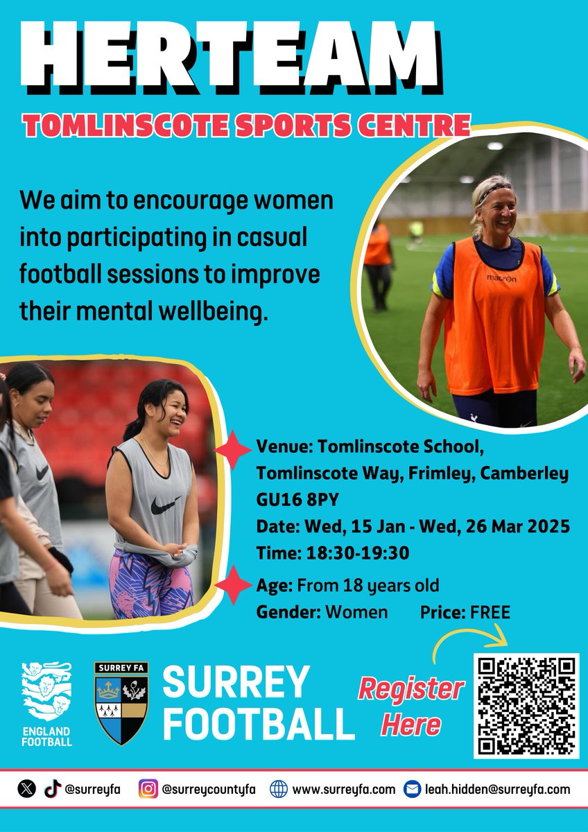 SupportSurrey's tweet image. Join HerTeam at Tomlinscote Sports Centre! 
 Casual football sessions for women to boost mental wellbeing. 🏃‍♀️⚽

📅 15 Jan &amp;amp; 26 Mar
 🕡 6:30pm to 7:30pm 
📍 Tomlinscote School, Frimley,  GU16 8PY 
💸 Price: FREE

More info in the comments 👇 

@surreyfa  #HerTeam #WomensFootball
