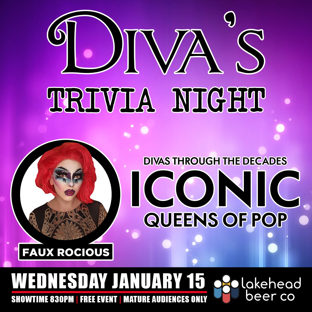WigginsPro's tweet photo. 💋✨ Meet the fabulous Faux Rocious, your co-host for Diva's Trivia Night! Faux will keep you laughing, singing, and dancing all night long!

📅 Wed. Jan 15
📍 Lakehead Beer Co.
⏰ 8 PM
💸 FREE

📸 @tbayalive

#divastrivianight #tbaydrag #trivia #drag #thunderbay https://t.co/puBPSREOYi