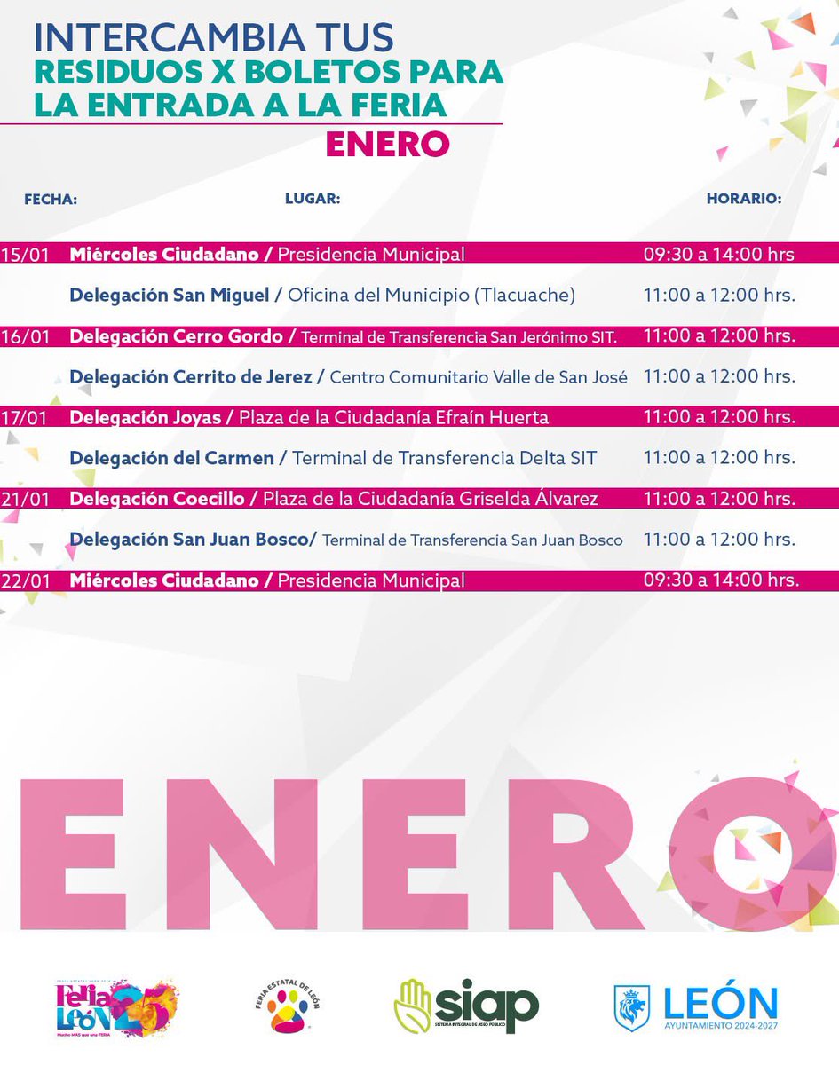 ¡Te esperamos con el programa Recicla y Gana ♻️ boletos 🎟️para la <a href="/FeriaDeLeon/">Feria de León</a> 🎢! 

¡Nos vemos en el Miércoles Ciudadano y en las 7 delegaciones!

𝗖𝗼𝗻𝘀𝘂𝗹𝘁𝗮 𝗹𝗮𝘀 𝗯𝗮𝘀𝗲𝘀 𝘆 𝗻𝘂𝗲𝘀𝘁𝗿𝗼 𝗰𝗮𝗹𝗲𝗻𝗱𝗮𝗿𝗶𝗼 𝗲𝗻 𝗹𝗮𝘀 𝘀𝗶𝗴𝘂𝗶𝗲𝗻𝘁𝗲𝘀 𝗶𝗺á𝗴𝗲𝗻𝗲𝘀