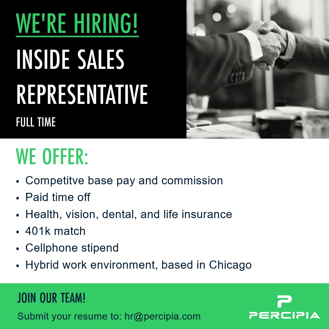 percipia's tweet photo. We're Hiring: Inside Sales Representative

Join our team and enjoy competitive pay and benefits, hybrid work flexibility, and growth opportunities in a dynamic industry! Apply now by clicking here https://t.co/0o7ShzzdXT or sending your resume to hr@percipia.com https://t.co/8SrZLqz8iw