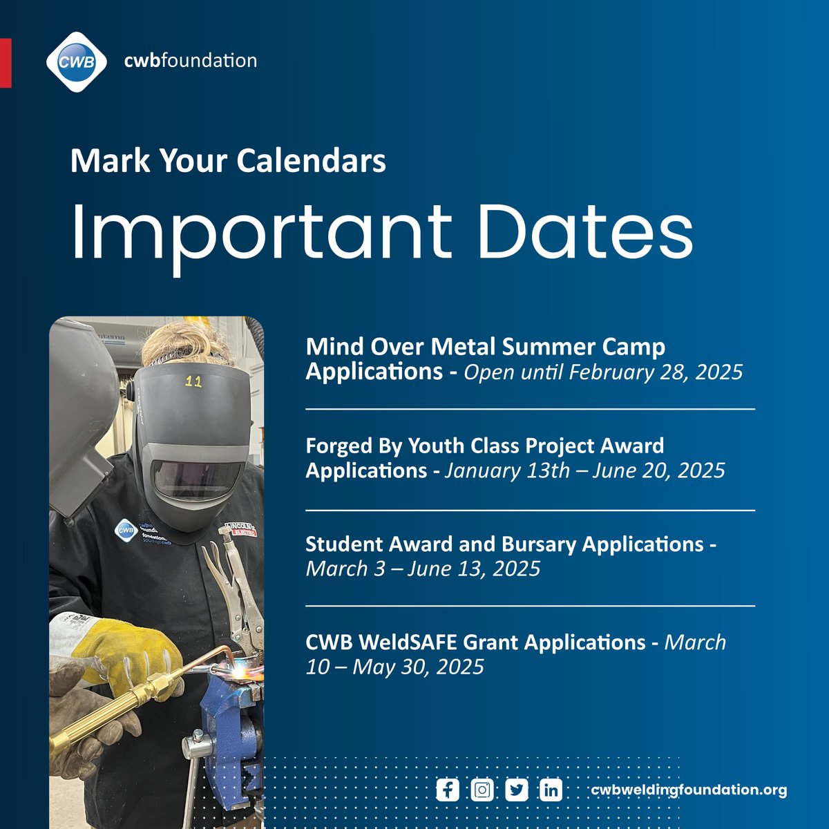 MARK YOUR CALENDARS 📅 with these upcoming key dates for CWB Foundation programs and funding opportunities! 

Be sure to subscribe to the CWB Foundation email list to stay up to date with deadlines and program developments: ow.ly/KV8r50UEr6U