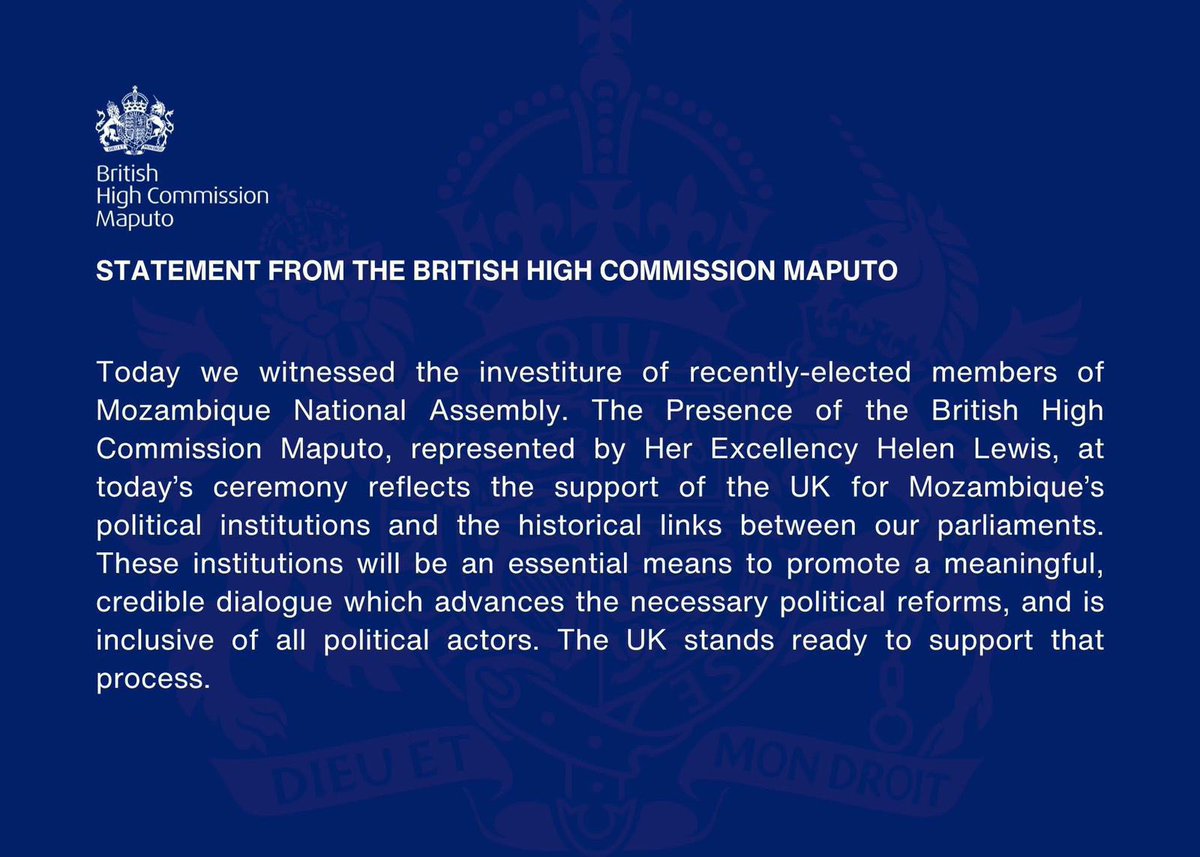 mambonemz's tweet photo. The British High Commission in Maputo @UKinMozambique participated in the Investiture of newly elected members of the Assembly of the Republic of Mozambique 

@UN @antonioguterres @Pontifex https://t.co/hk5MmYLuXz