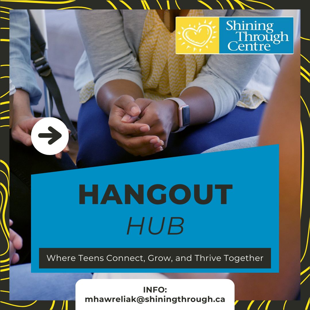 Looking for a fun, supportive space for your teen to thrive socially?

🎉 Hangout Hub is here! Teens (ages 13-19) can build:

Friendships- Perspective-taking- Conflict resolution- Social interaction skills

🗓️Saturdays, 10:30 AM – 12:00 PM
INFO: mhawrerliak@shiningthrough.ca