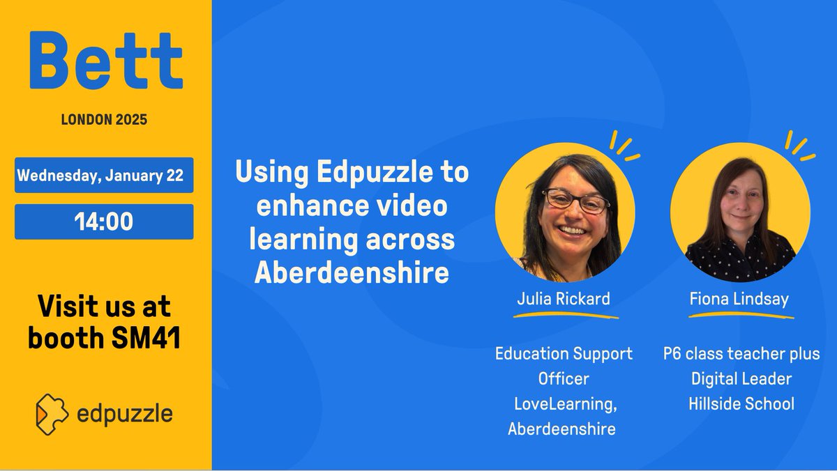 daveyweston's tweet photo. 📣 Excited to announce that Julia Rickard &amp; Fiona Lindsay will be speaking at the @Bett_show and sharing their experience on utilising @edpuzzle across Aberdeenshire schools. 
Don't miss it at the Edpuzzle stand (SM41) on Wed, 22nd at 2 PM! #bett2025 #edtechchat #videolearning https://t.co/gbkhD65DfR