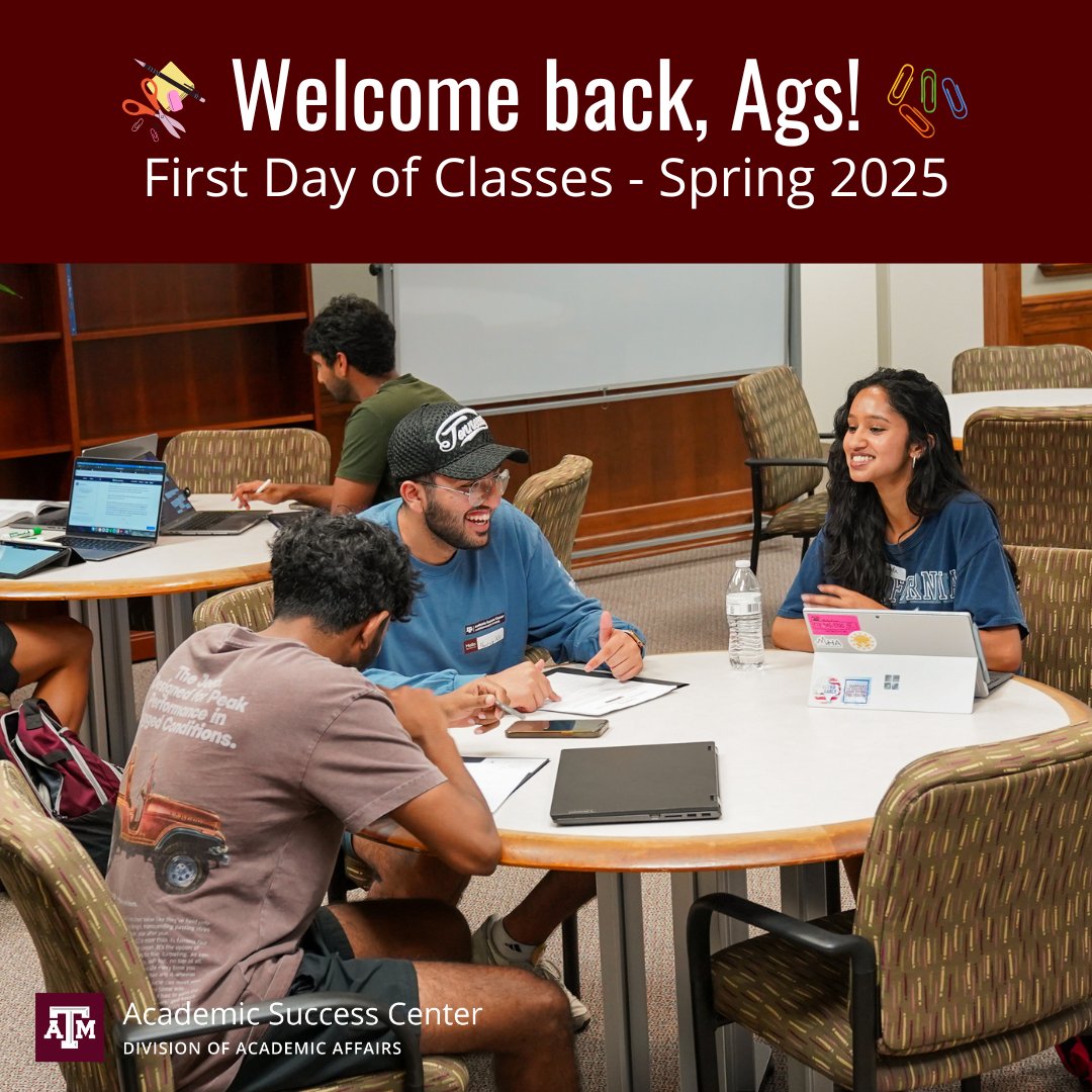 SuccessTAMU's tweet image. It's the first day of classes! 🎊
Remember, the ASC is here to help all Aggies succeed. You can visit asc.tamu.edu to learn about amazing resources like Peer Coaching, Supplemental Instruction, and our Striving for Success presentations! #SuccessTAMU