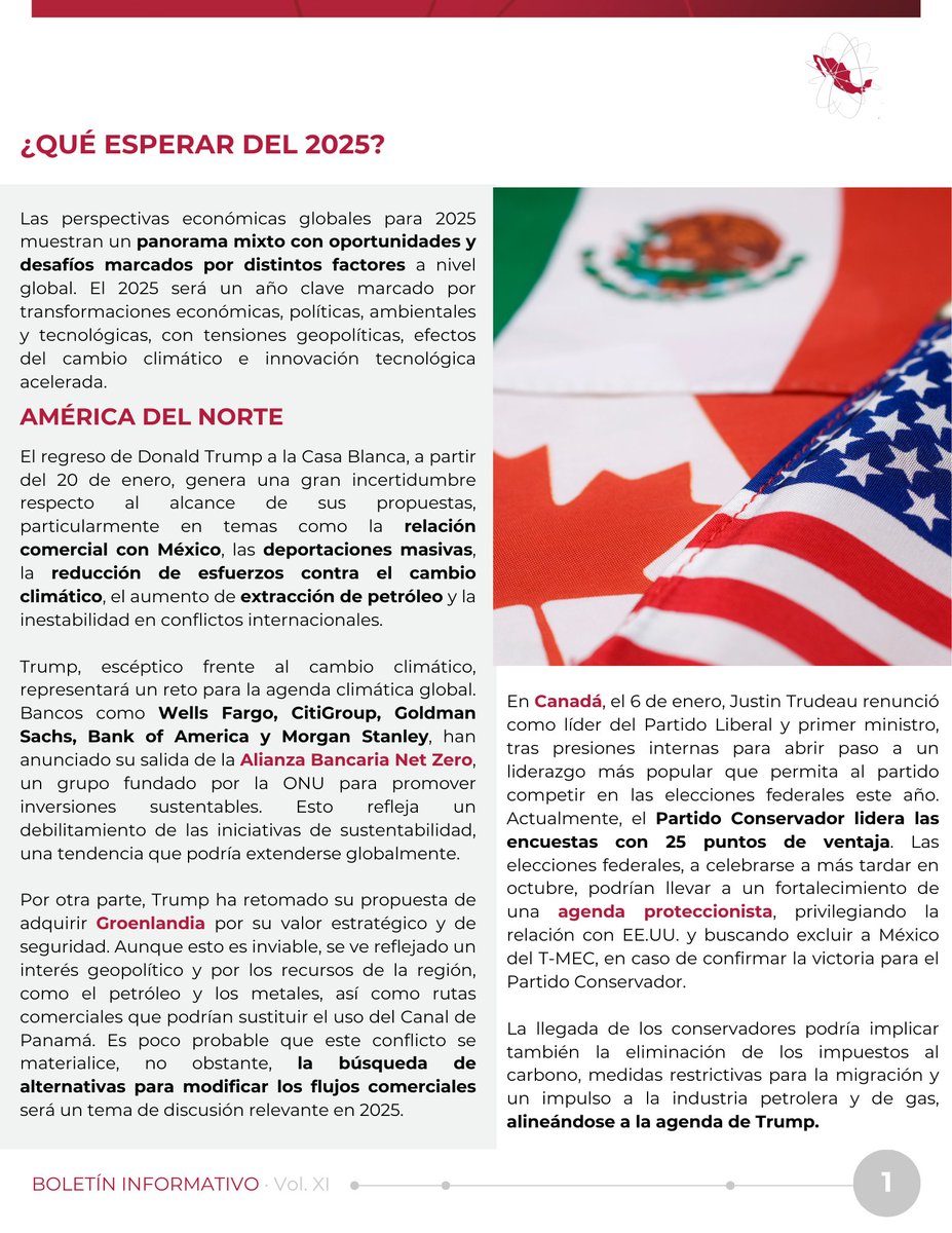 ConnectingMex's tweet photo. 🗞️#BoletínMensual

El 2025 será un año con oportunidades y desafíos marcados por distintos factores económicos, políticos, climáticos y tecnológicos. El regreso de Donald Trump a la Casa Blanca modificará las relaciones y conflictos globales, los flujos comerciales y las decisiones de inversión.

Consulta nuestro boletín mensual para conocer cuál es la perspectiva para cada región del mundo y qué temas estarán en la agenda internacional este año. 

#ConnectingMexico #Agenda2025 #PerspectivasGlobales