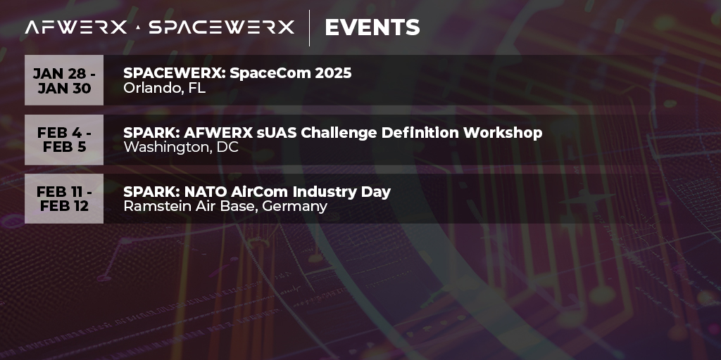 AFWERX's tweet photo. Welcome to Get Involved Monday, where we’ll outline our schedule so you can prep for an opportunity or meet with us! 

Check out what we have coming up and find details here: https://t.co/wWtqpsH0Fz

#AFWERX #SpaceWERX #GetInvolvedMonday #opportunities #funding #events #webinars https://t.co/TL1YhUKOGM