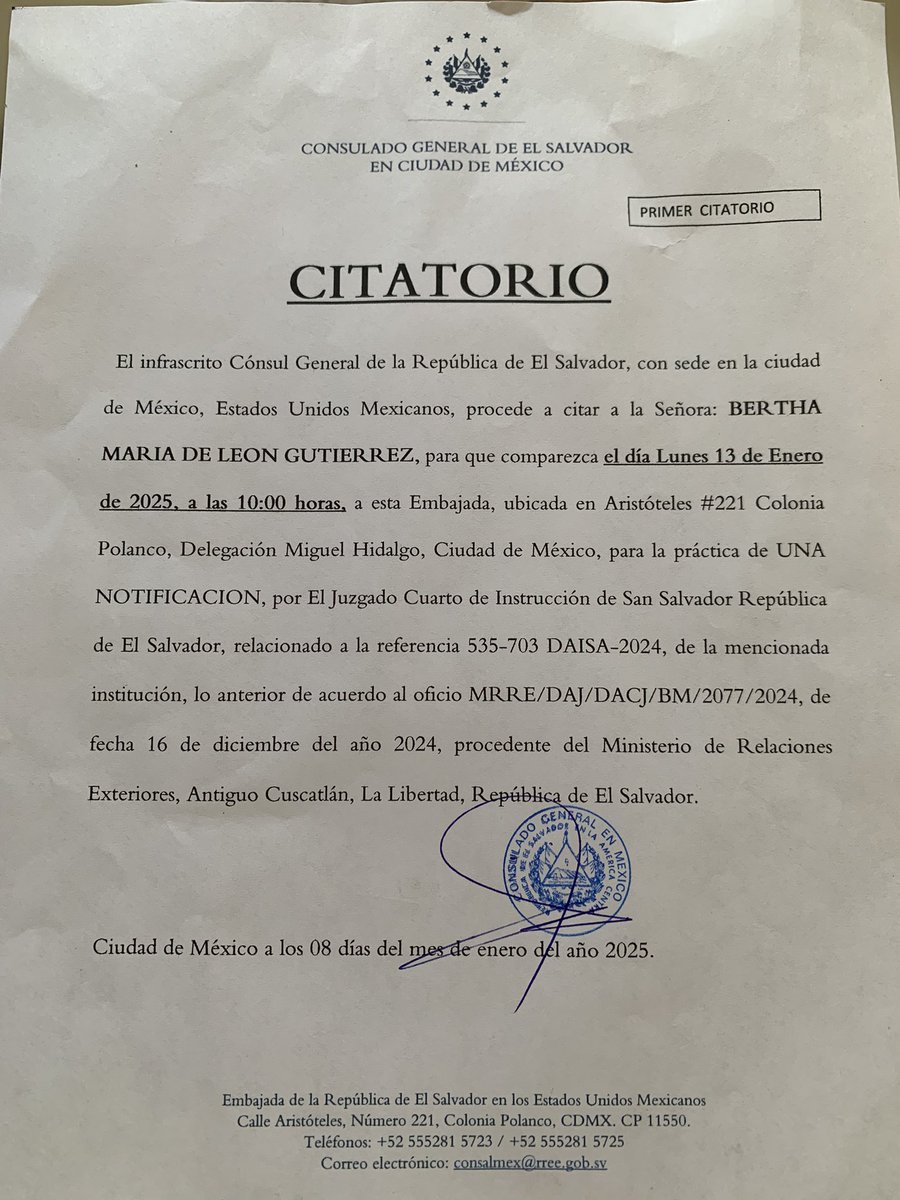 berthamariaD's tweet photo. Hoy recibí en mi domicilio de la CDMX, esta cita de la embajada de #ElSalvador en Ciudad de México. Para notificarme de proceso penal que ventilan en mi contra en el Juzgado Cuarto de Instrucción de San Salvador. Por supuesto NO asistiré y no me voy a someter a ningún proceso legal sin Garantías Judiciales mínimas.