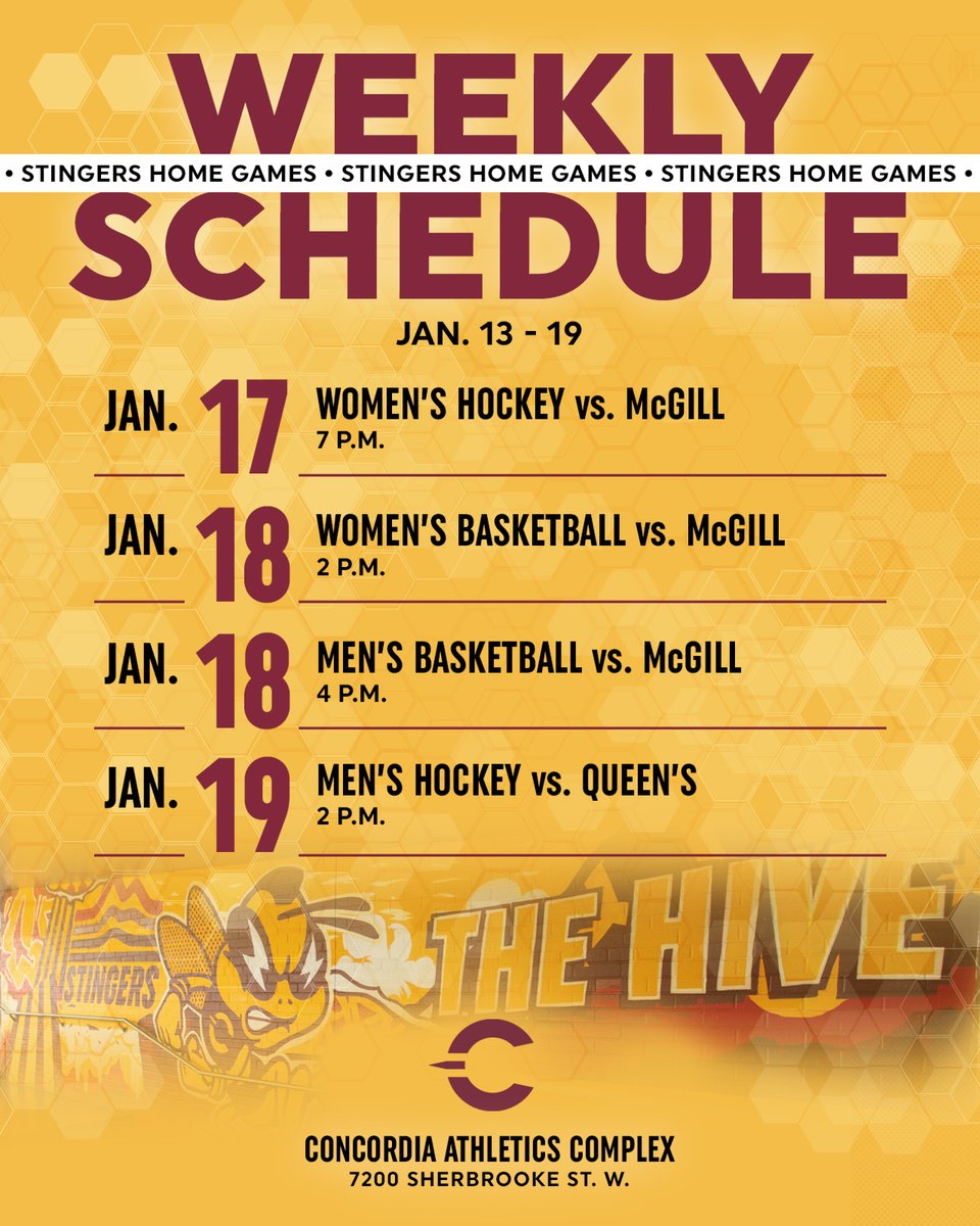 A full slate of games this weekend, starting with 🐝🏒WHKY on Friday!

🐝🏒🏀

Get your tickets now at Stingers.ca/tickets

#CUstingers