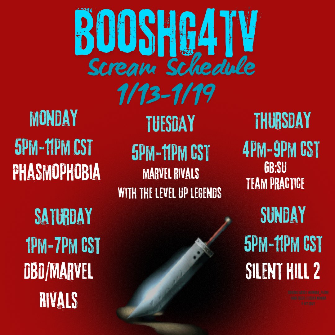 I’m Boosh and I’m back to streaming 5 days a week! I stream consistently on DBD, Ghostbusters: Spirits Unleashed (TeamDadBod), Marvel Rivals and Phasmophobia every week. This month I’m Featuring playthroughs of Silent Hill 2 and Final Fantasy 7 (OG). Here’s my schedule this week!