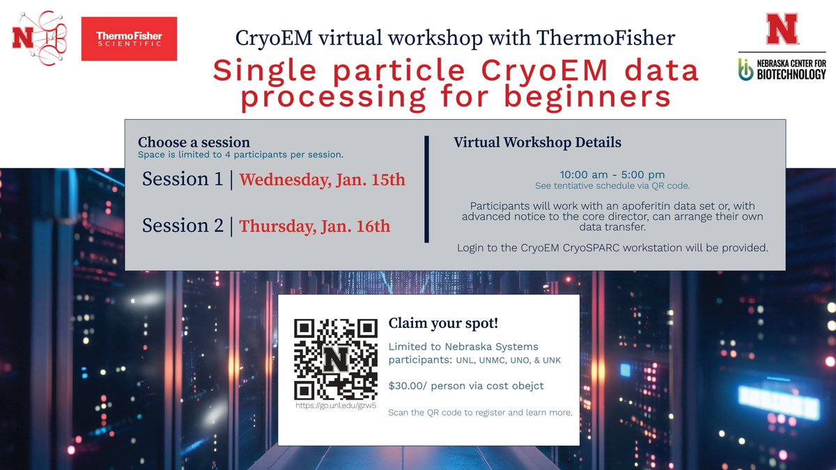 UNL Biotech Center (@biotechunl) on Twitter photo 🚨Don't miss out! Join <a href="/Cryo_UNLbiotech/">UNL CryoEM Core Facility</a> THIS week for the virtual workshop, Single Particle CryoEM Data Processing for Beginners, in collaboration with
<a href="/thermofisher/">Thermo Fisher</a>
Dates: January 15 or 16, 2025
Learn more and register: go.unl.edu/gzw5
#BiotechMonday #CryoEM 🚨Don't miss out! Join <a href="/Cryo_UNLbiotech/">UNL CryoEM Core Facility</a> THIS week for the virtual workshop, Single Particle CryoEM Data Processing for Beginners, in collaboration with
<a href="/thermofisher/">Thermo Fisher</a>
Dates: January 15 or 16, 2025
Learn more and register: go.unl.edu/gzw5
#BiotechMonday #CryoEM