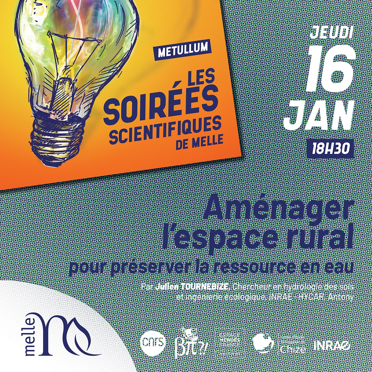 [#soireesscientifiques] Les soirées Scientifiques 2024-2025
RDV le jeudi 16 janvier à 18h30 !
Aménager l'espace rural pour préserver la ressource en eau.
Entrée libre et gratuite.
Pas de réservation.
Toutes les soirées ont lieu au Metullum, salle Anémone.
#villedemelle #melle