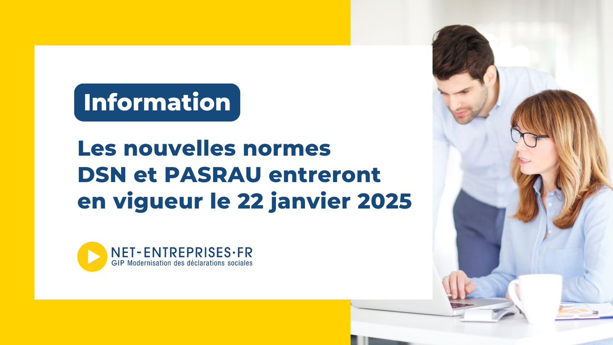 Déclarations sociales : Les nouvelles normes DSN et PASRAU entreront en vigueur à partir du 22 janvier 2025. En savoir plus : 

🔗 DSN : net-entreprises.fr/dsn-ouverture-…

🔗PASRAU : net-entreprises.fr/pasrau-ouvertu…

#Netentreprises