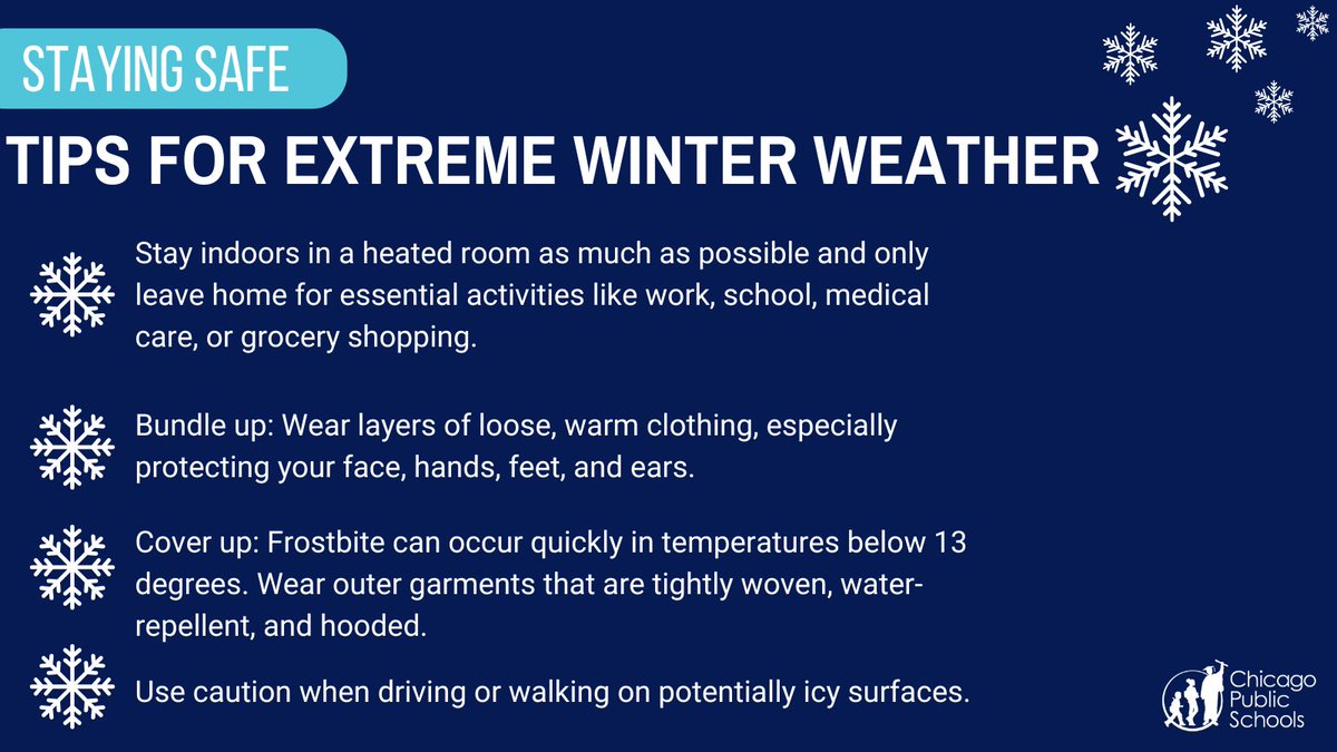 ChiPubSchools's tweet image. ❄️ Chicago is experiencing extremely cold temperatures this week. Check out these tips to stay safe this winter. For more guidance, visit bit.ly/3Sb0XH3.

Warming Centers: bit.ly/4ak0nhB
___
Chicago está experimentando temperaturas extremadamente frías esta…