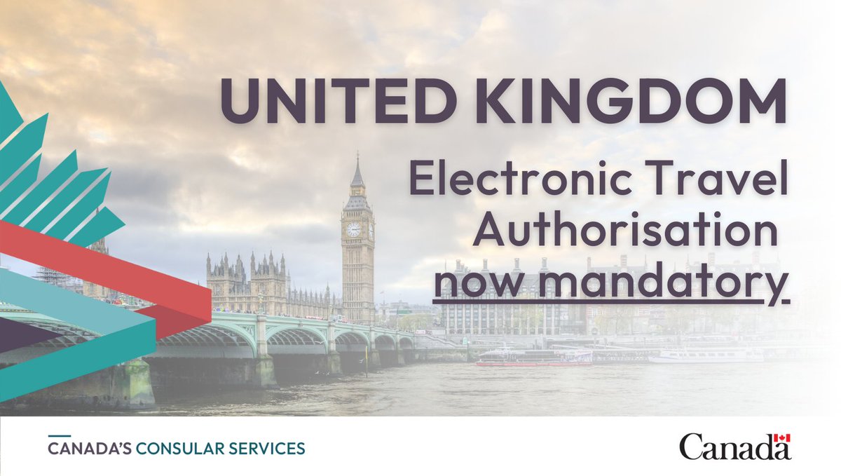 🇬🇧 Reminder that Canadians are now required to have an #ElectronicTravelAuthorisation to visit or transit through the #UnitedKingdom.  
 
Apply early and be sure to use the same passport as your application. 
 
Learn more ⬇️ 
travel.gc.ca/destinations/u…