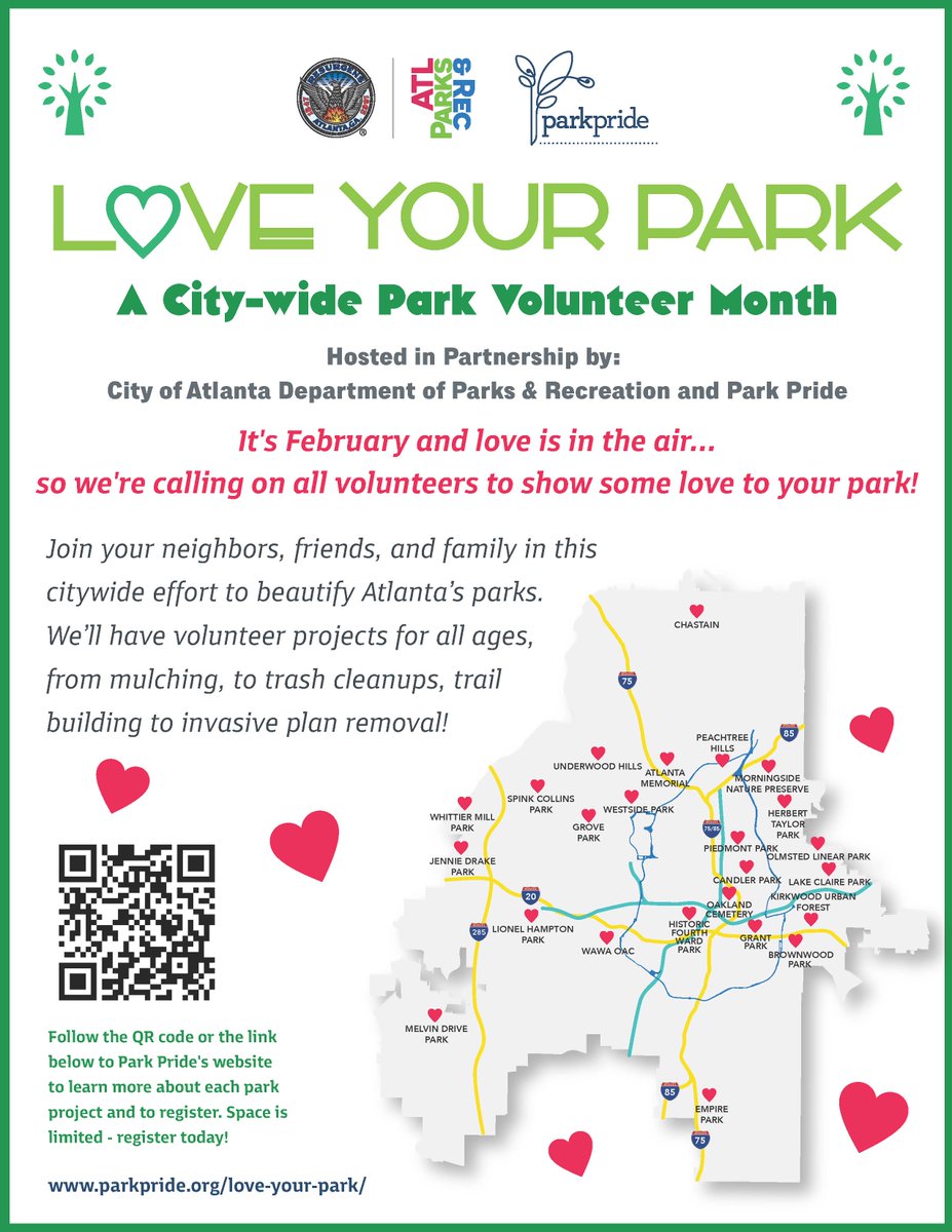 Over 30 <a href="/CityofAtlanta/">City of Atlanta, GA</a> parks need your love this February!
🌳 We’ve teamed up with <a href="/parkpride/">Park Pride</a>, Friends of the Park, and Conservancy groups to bring you the 2nd annual city-wide park volunteer initiative.