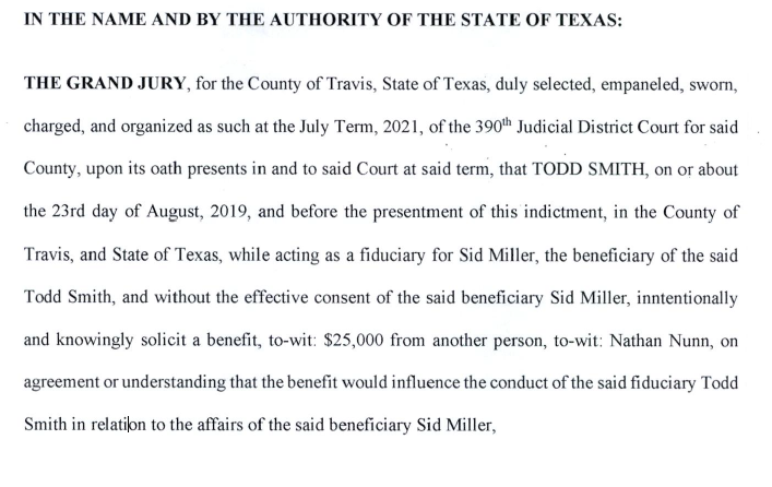 MarkMcCaig's tweet photo. On January 18, 2022, Texas Agriculture Commissioner Sid Miller’s longtime political consultant Todd M. Smith was indicted on felony charges arising out of a scheme where Smith allegedly used his relationship with Miller and the Texas Department of Agriculture (TDA) to swindle tens of thousands of dollars out of investors seeking hemp licenses from TDA.

The next day, Miller told the media that he had cut ties with Smith. This was a lie. Miller and Smith maintained a close relationship after the indictment, as evidenced by e-mails obtained from TDA.

Smith confessed to committing the felony offense of commercial bribery and entered into a plea deal with prosecutors on October 16, 2024. He is currently serving probation on the criminal charge that he confessed to committing.

Smith’s admission that he committed felony commercial bribery by illegally using his relationship with Miller to enrich himself doesn’t seem to be particularly problematic to Miller. Last week, Smith and Miller were together at an event hosted by the Robertson County Republican Party where the two even posed next to each other, smiling, in a photo. #txlege