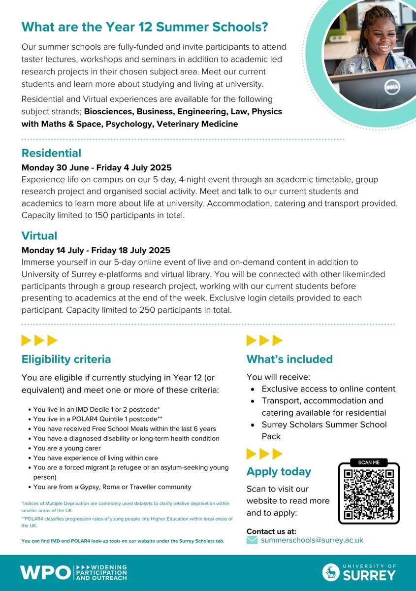 and we are live 🤩 Year 12 Summer School applications are now open! For more information and to apply, have a look through our webpage below - surrey.ac.uk/schools-colleg…