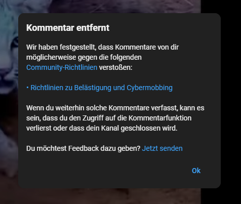 Gerade postete ich einen Kommentar um einer jungen Frau zu ihrem wachen Verstand zu gratulieren und schon kam diese Meldung des Wahrheitsministeriums bei Youtube.
Danke DSA,  danke Altparteien.