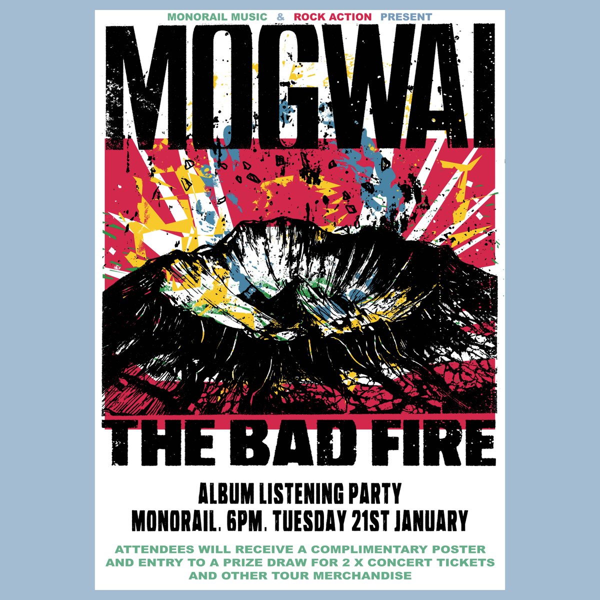 event klaxon! 

Join us on Tuesday 21st of January at 6pm to hear Mogwai's brand new record The Bad Fire in full. You'll also receive a free poster and be entered into a prize draw to win gig tickets and merch.

FREE listening party tix and info here: monorailmusic.com/product/the-ba…