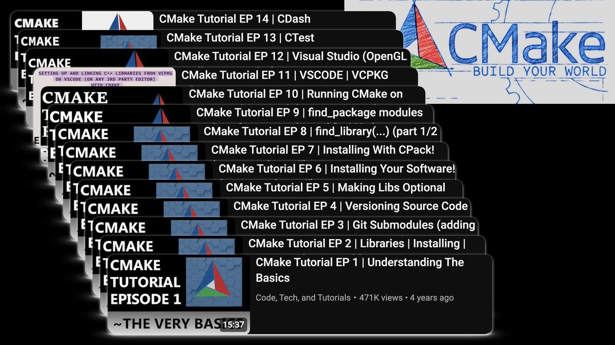 vivekgalatage's tweet photo. 🛠️ CMake for Beginners

Many C, C++, and other projects utilize CMake as the build system.  It's quite a powerful system with many features, but it can be overwhelming for beginners. 

The two resources below will help you overcome it easily.  The first is a video providing a quick intro to get you off the ground, and the other is a detailed playlist that will help you dive deep to understand all the bells and whistles.