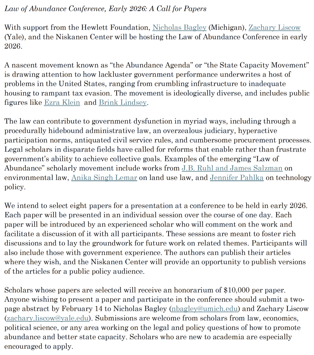 Zachary Liscow (@zliscow) on Twitter photo <a href="/nicholas_bagley/">Nicholas Bagley</a>, <a href="/NiskanenCenter/">Niskanen Center</a>, and I are organizing a conference on the Law of Abundance in early 2026. Please spread word -- and submit a paper proposal! <a href="/nicholas_bagley/">Nicholas Bagley</a>, <a href="/NiskanenCenter/">Niskanen Center</a>, and I are organizing a conference on the Law of Abundance in early 2026. Please spread word -- and submit a paper proposal!