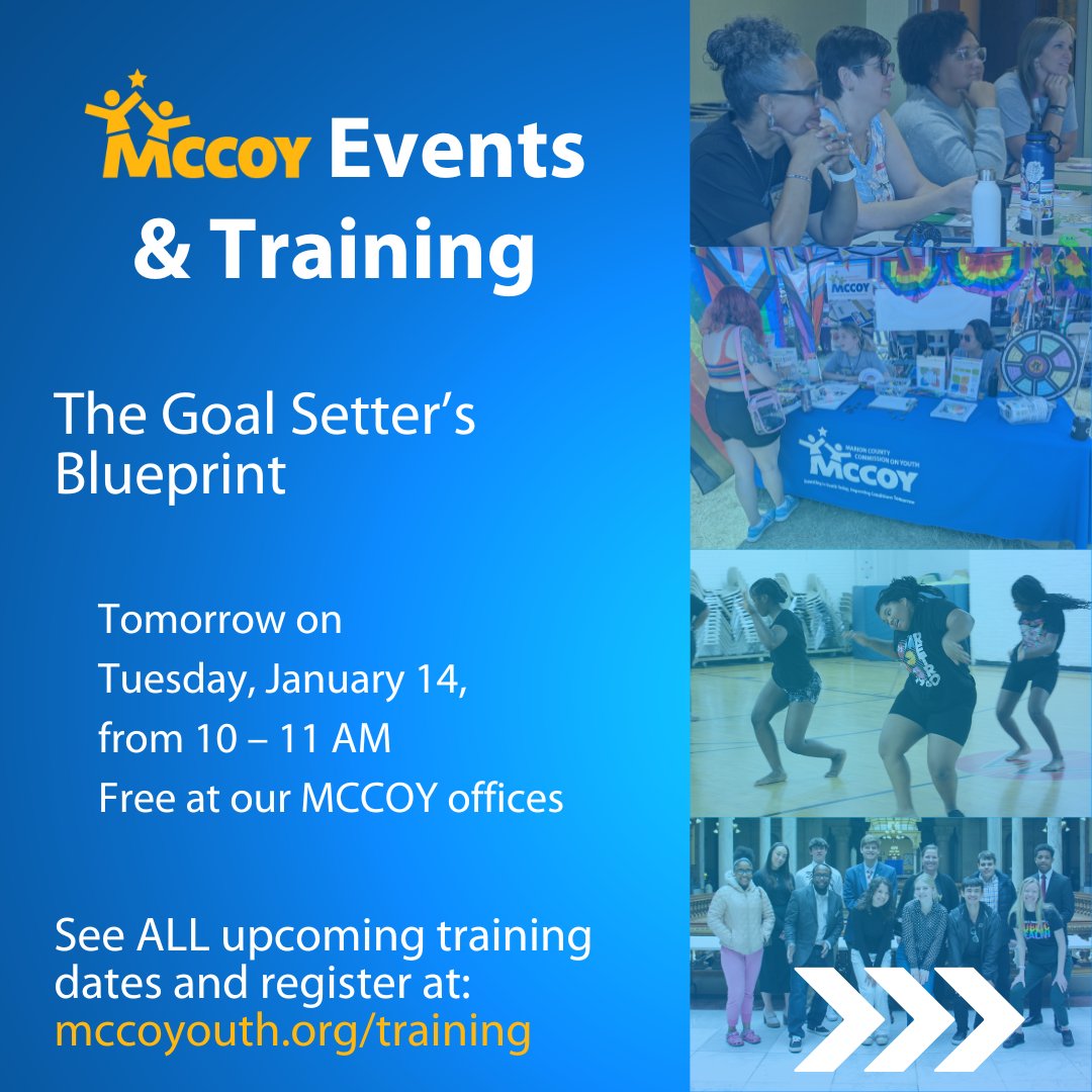 MCCOYouth's tweet photo. Jan. 14: This goal-setting workshop serves as a comprehensive guide for individuals or teams to articulate, plan, and pursue their objectives effectively, fostering personal and professional development. Learn more and register at https://t.co/7hExz7yD7l https://t.co/zKAdqf9hO3