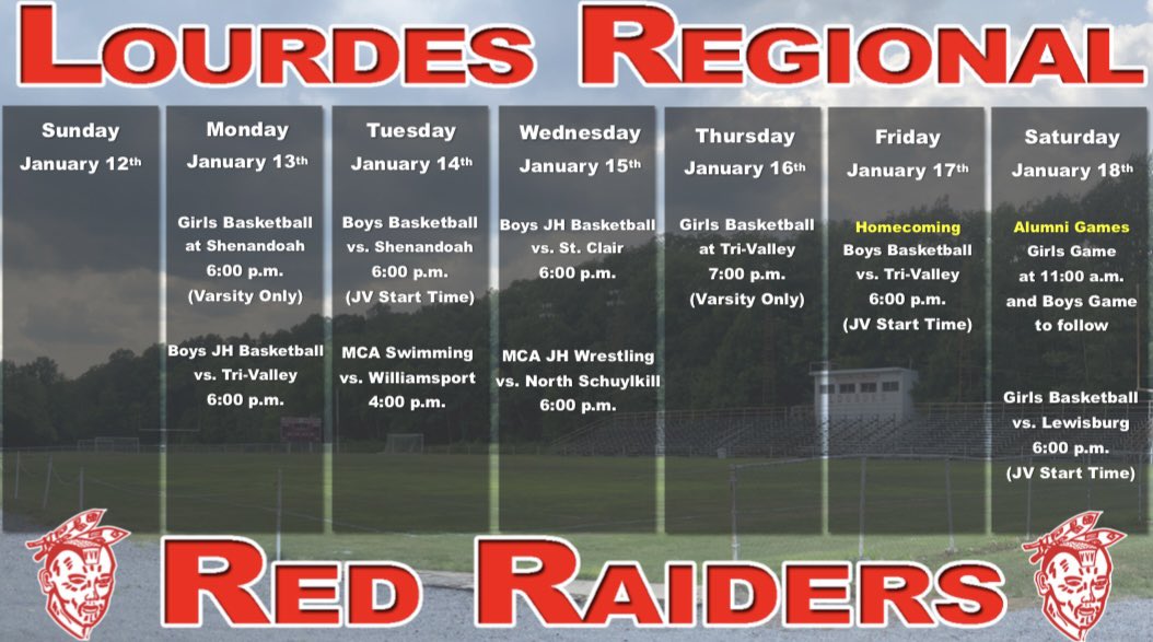 OLOLRedRaiders's tweet photo. This week’s busy schedule will feature a home basketball game every night but Thursday, and it will be capped off by Homecoming Weekend! 🏀

OLOL Sports Calendar 🗓️: https://t.co/3xd8FVgzc9
MCA Sports Calendar 🗓️: https://t.co/YAf1h2j9J8 https://t.co/bBdIgUtukd