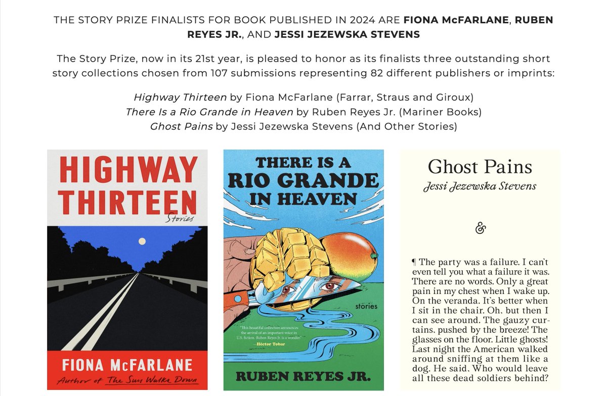 The Story Prize (@thestoryprize) on Twitter photo 🚨 THE STORY PRIZE FINALISTS ARE HERE!🚨
Congrats to Fiona McFarlane, <a href="/rubenwrites/">Ruben Reyes Jr.</a>, and <a href="/JezewskaJ/">Jessi Jezewska Stevens</a>
<a href="/fsgbooks/">Farrar,Straus&Giroux</a>
<a href="/MarinerBooks/">Mariner Books</a>
<a href="/andothertweets/">And Other Stories</a> 🚨 THE STORY PRIZE FINALISTS ARE HERE!🚨
Congrats to Fiona McFarlane, <a href="/rubenwrites/">Ruben Reyes Jr.</a>, and <a href="/JezewskaJ/">Jessi Jezewska Stevens</a>
<a href="/fsgbooks/">Farrar,Straus&Giroux</a>
<a href="/MarinerBooks/">Mariner Books</a>
<a href="/andothertweets/">And Other Stories</a>