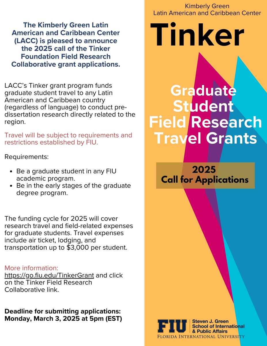 FIULACC's tweet photo. @FIULACC
The call for applications for the 2025 Tinker Foundation Field Research Grant opens TODAY, January 13, 2025!  The Tinker Grant provides funding for graduate students conducting pre-dissertation in any country in Latin America and the Caribbean.
https://t.co/t3xnPjGA8b https://t.co/KnvU35T78j