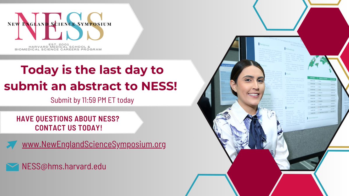 🚨Deadline Alert! 🚨

Today is your last chance to submit an abstract for the New England Science Symposium (NESS)! Don't miss this event on Sunday, March 30, 2025, at Harvard Medical School.

✅ Submit your abstract now: hms.az1.qualtrics.com/jfe/form/SV_8o…

#NESS2025 #BSCP #HMS #NESSNews