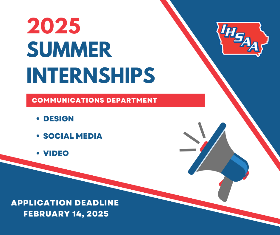 Three internships open for Summer 2025 through our paid communications program! Seeking college undergrads interested in graphic design, social media, and creative video. 
📍Boone, Iowa 
📅Deadline: Feb. 14 
🔗iahsaa.org/about/opportun…