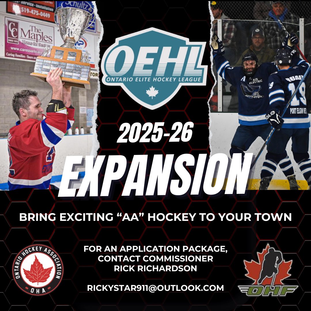 While our teams are focused on the present, and the playoff push, off the ice we’re already thinking about next season. 

We are accepting expansion applications for the 2025-26 playing season.

oehlhockey.ca/expansion/