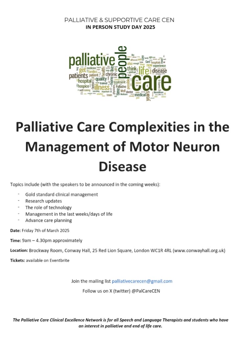 📢 First in person study day of 2025 

Palliative Care Complexities in the Management of MND

Fri 7 March, London 

🎟️Tickets on sale now:

eventbrite.co.uk/e/palliative-c…
