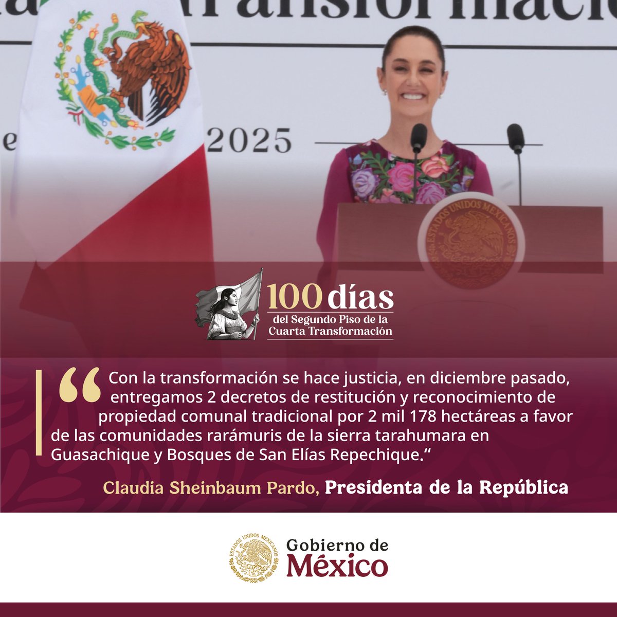 PROFEPA_Mx's tweet photo. 🟢 El Gobierno de México avanza en la restitución de tierras comunales, reconociendo 2,178 hectáreas a comunidades rarámuris de la Sierra Tarahumara. 🌱🌿
#100DíasPresidenta https://t.co/UdSMGz8r8B